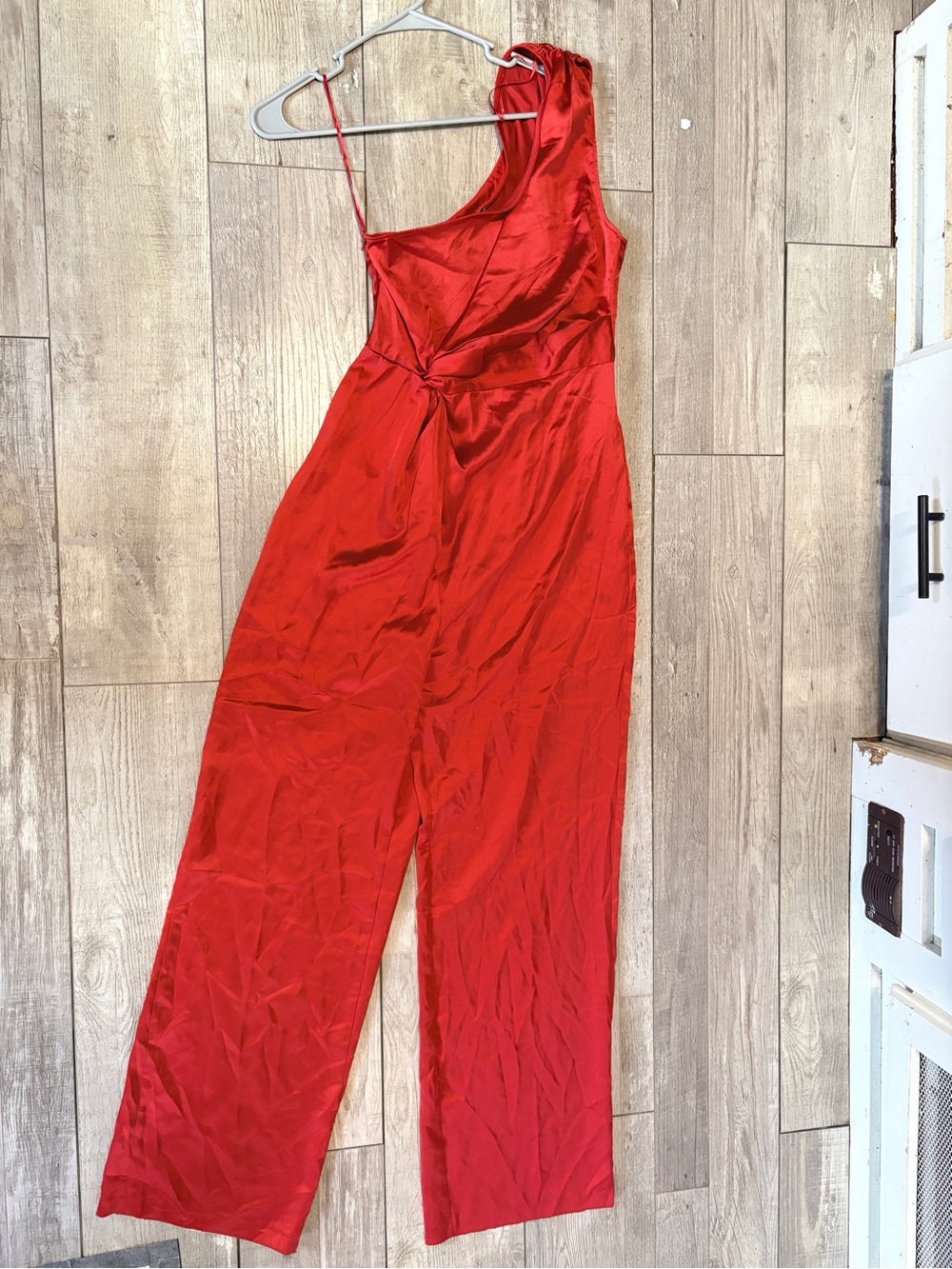 Zara Red One-Shoulder Satin Jumpsuit